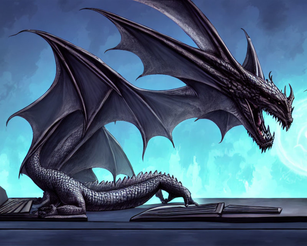 Black dragon with wings near computer keyboard and monitor in blue glow.