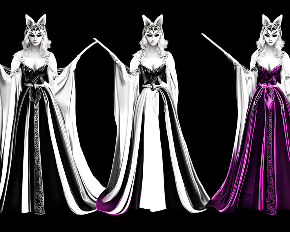 Three Elegant Female Figures in Black and White Gowns with Purple Accents