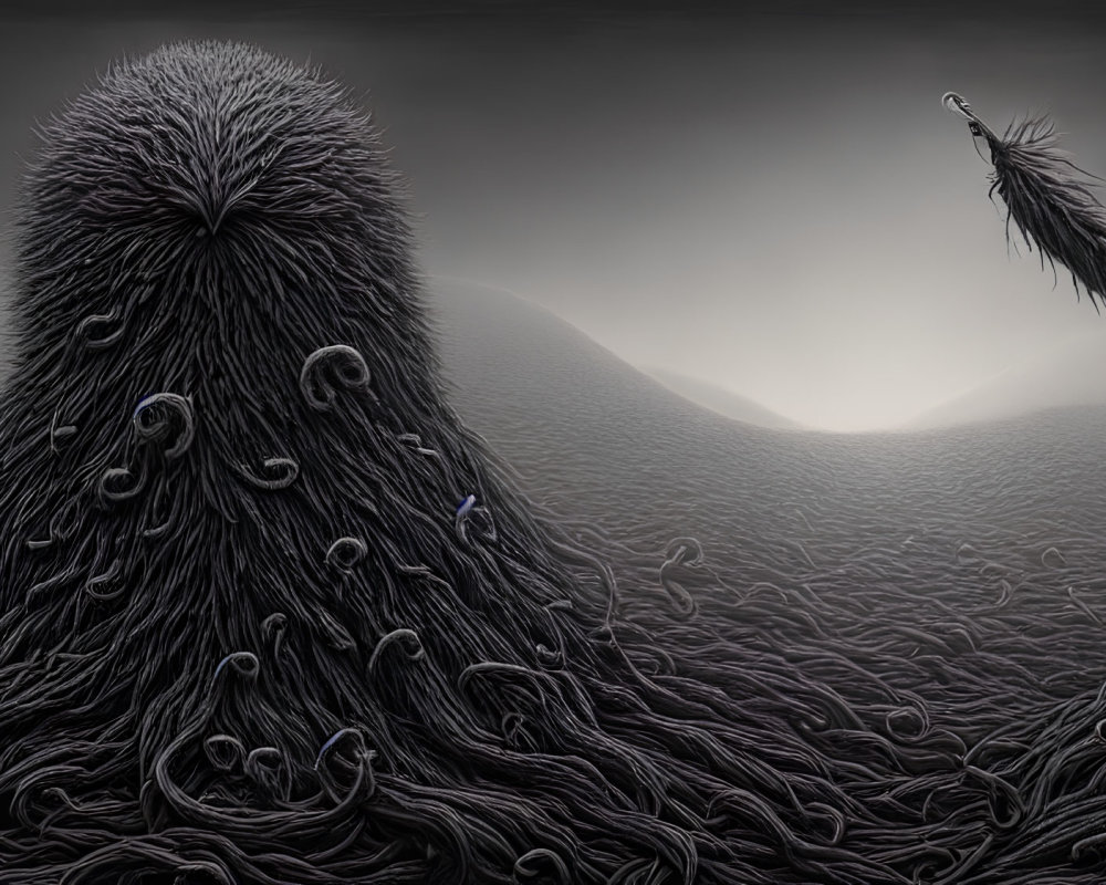 Furry creatures with tentacles in dark landscape under hazy sky