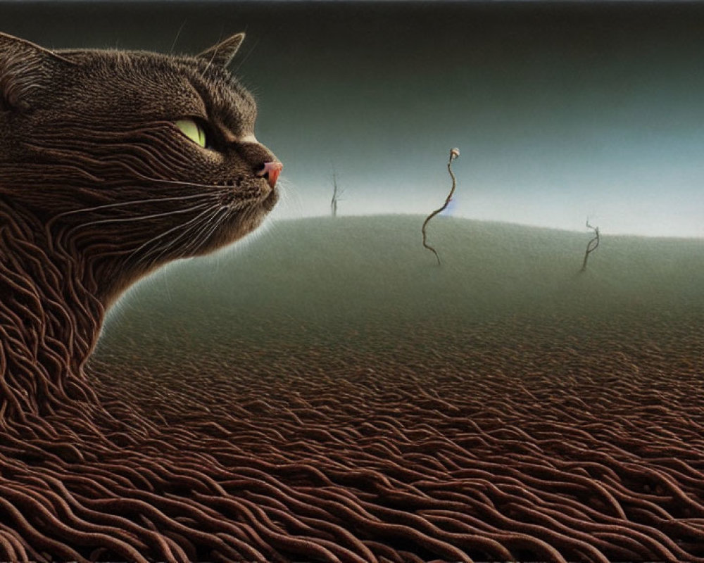Large Cat's Head Merging Into Surreal Landscape Under Dusky Sky