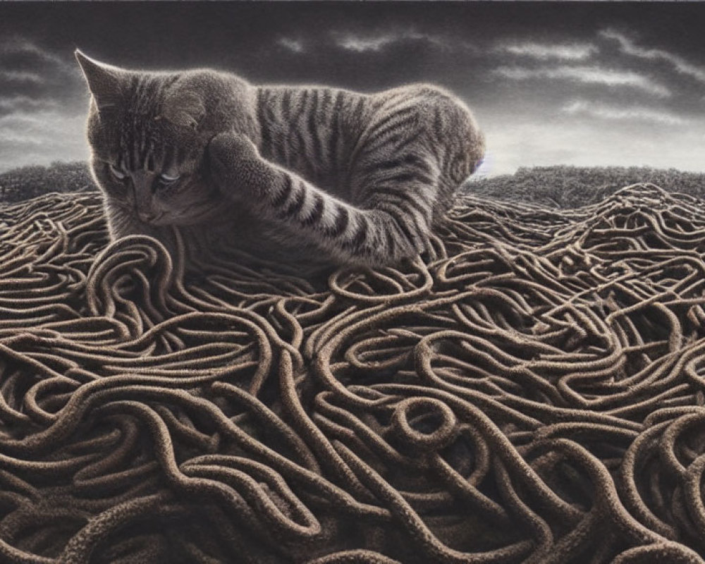 Striped cat in rope-filled landscape under cloudy sky