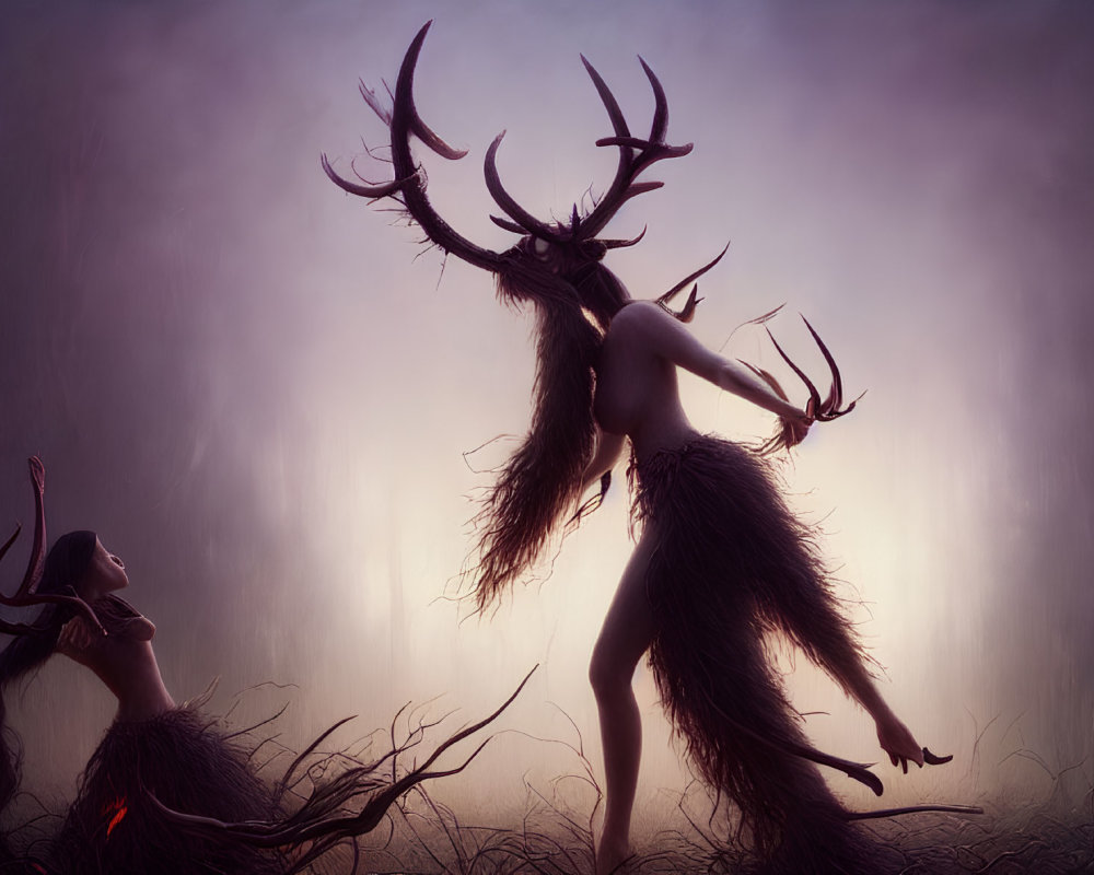 Mystical forest scene with ethereal creatures and flowing hair