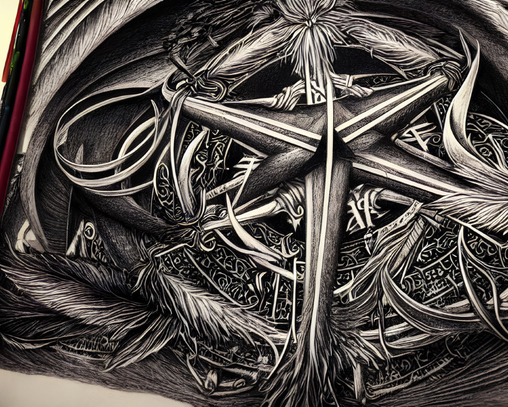 Detailed Black and White Sketch of Ornate Interwoven Swords with Elaborate Designs