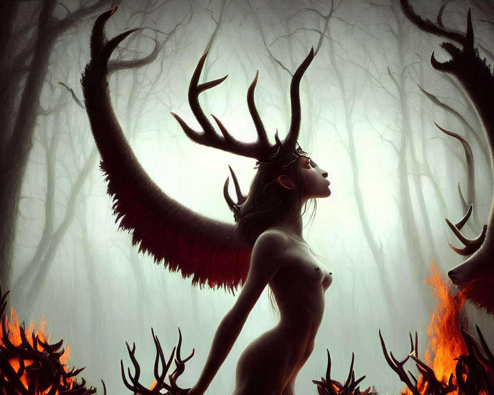 Mystical winged forest creature with antlers in fiery woodland