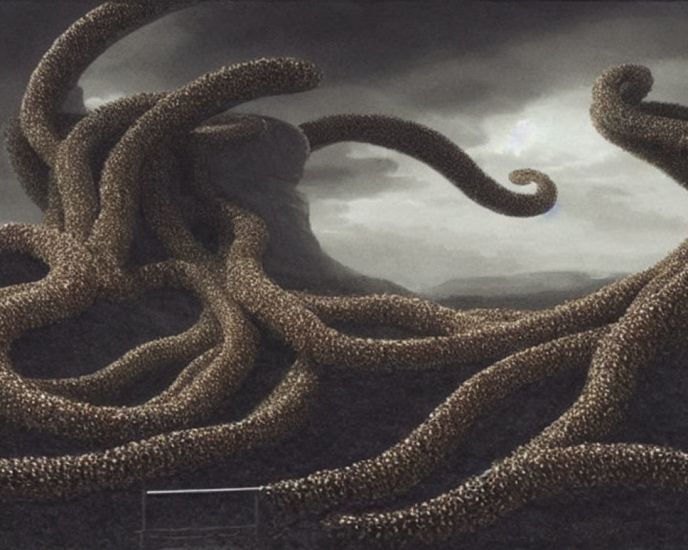 Surreal landscape with massive tentacle-like structures in stormy sky