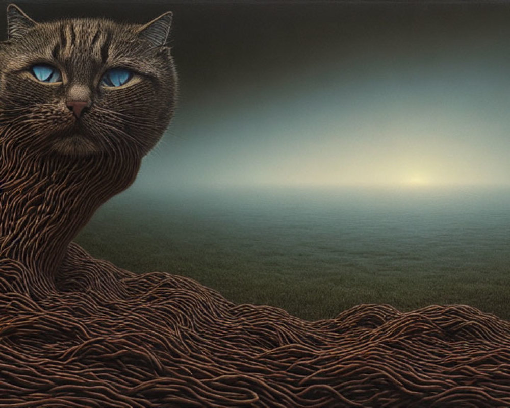 Surrealist image: Large cat with blue eyes blending into tree root texture