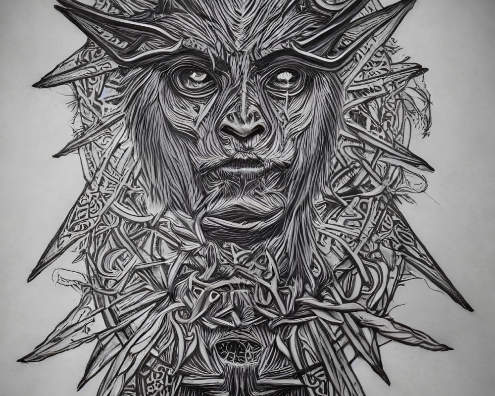 Detailed Black Ink Sketch of Mystical Figure with Elaborate Headdress