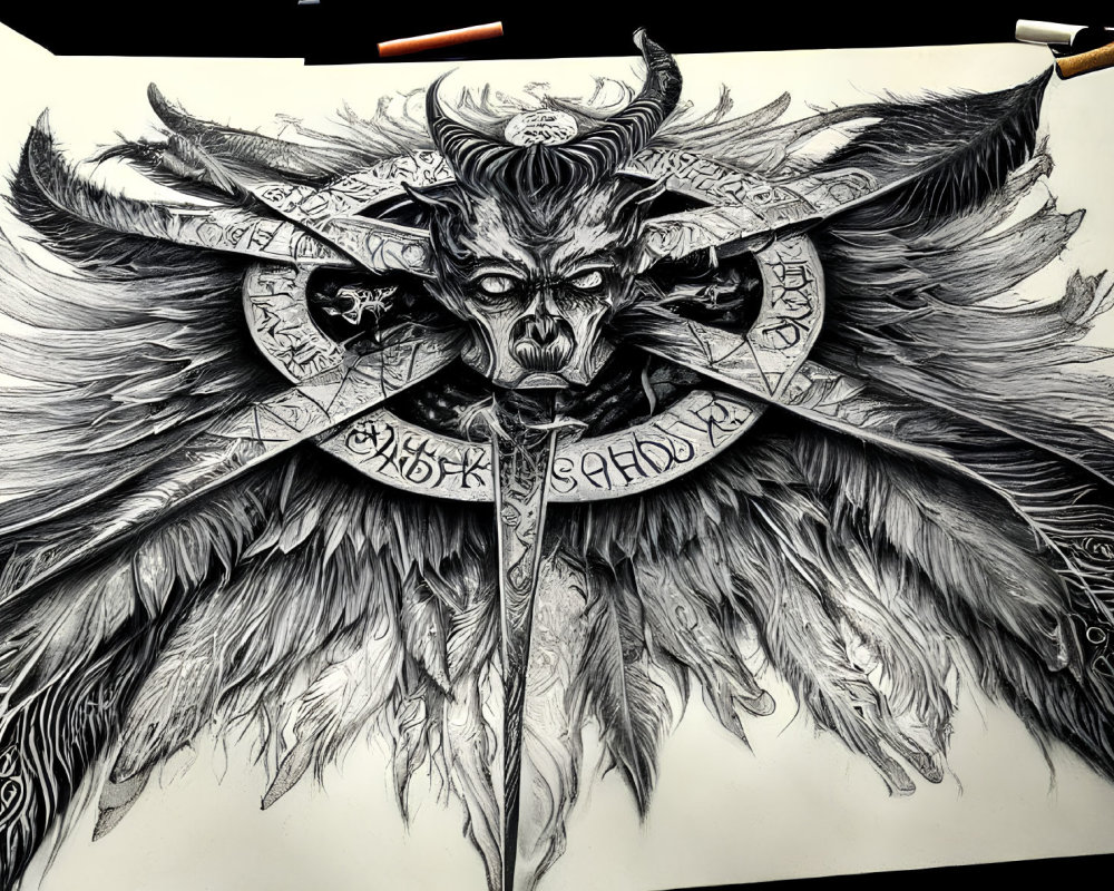 Detailed Black and White Drawing of Mythical Creature with Horns, Feathered Wings, and Armor on