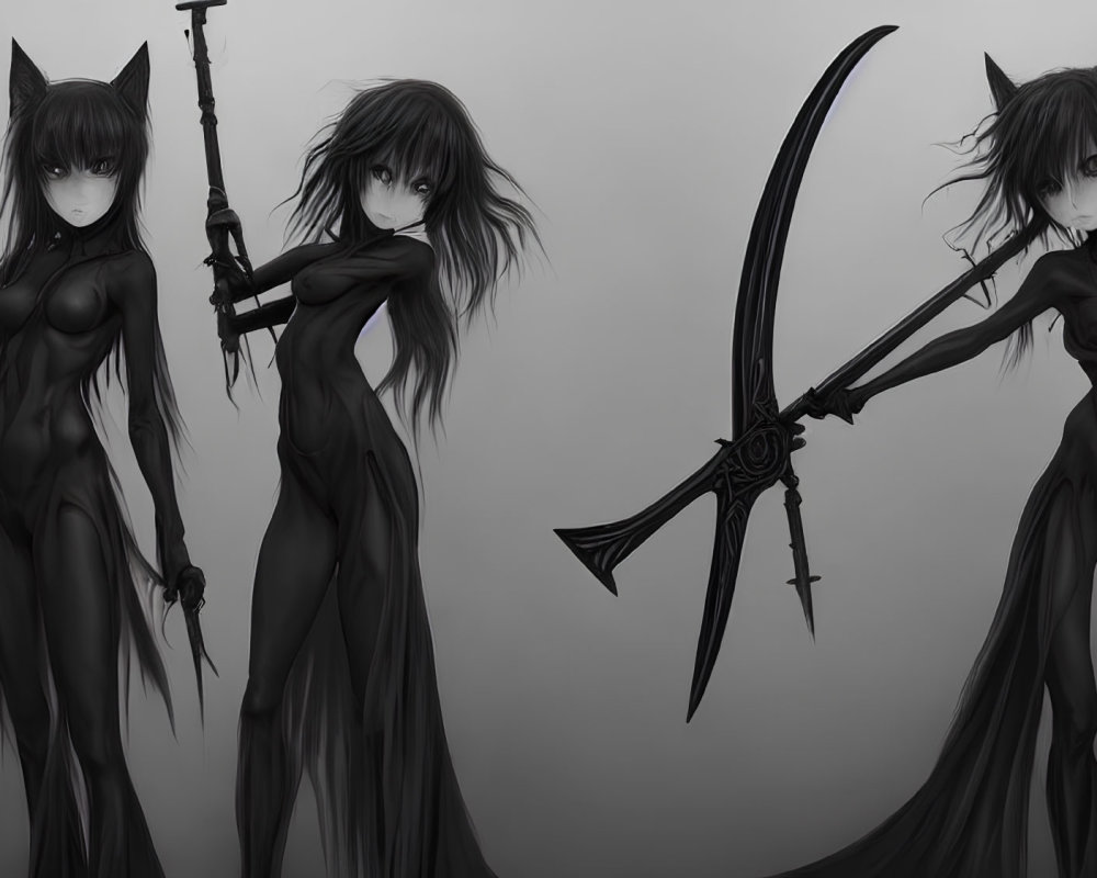 Monochrome anime-style female figures with feline traits and weapons on dark background