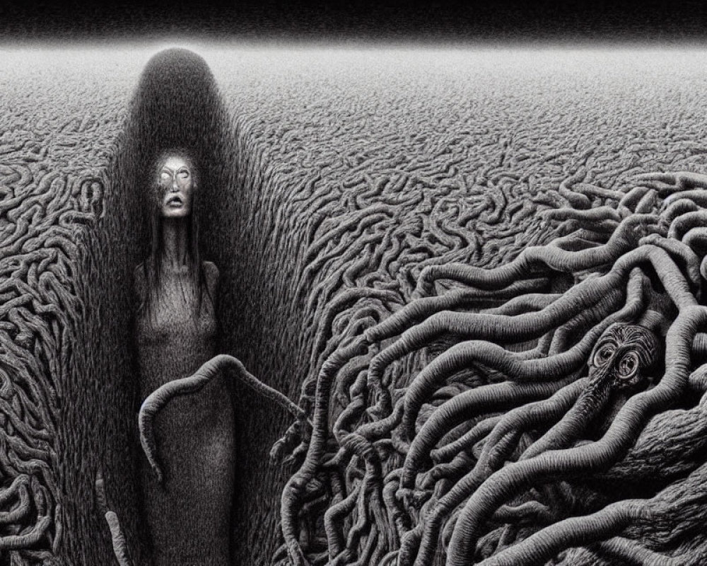 Monochrome surreal artwork of woman in tangled landscape