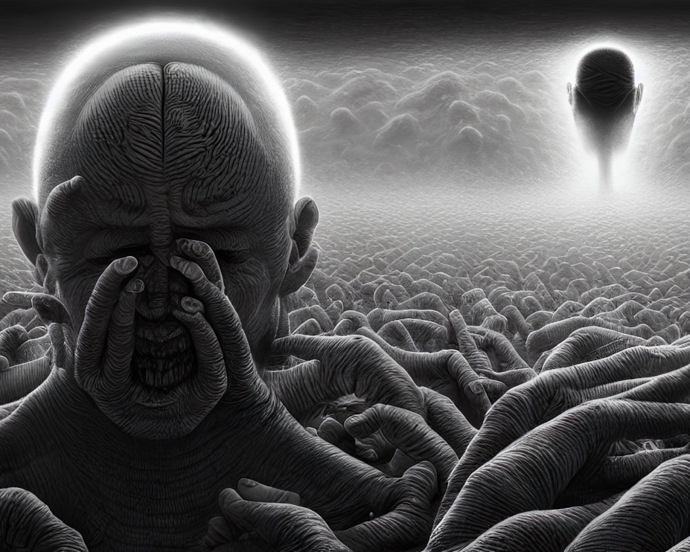 Surreal black and white artwork of face with hands over eyes in sea of figures