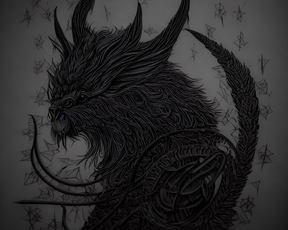 Detailed Black & Grey Dragon Illustration with Intricate Patterns & Stars