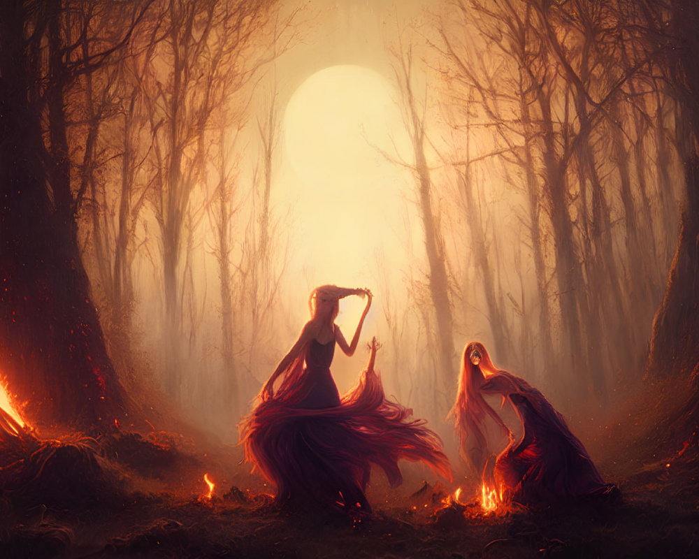 Mystical forest ritual with figures in red cloaks