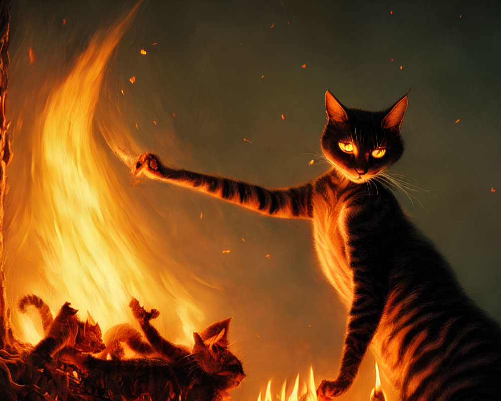 Sinister black cat with glowing eyes in front of fire and smaller cats