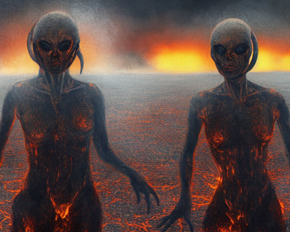 Alien humanoid figures with large eyes amid fiery explosions