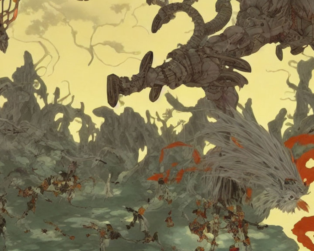 Fantastical battle scene with warriors and colossal creatures in surreal landscape