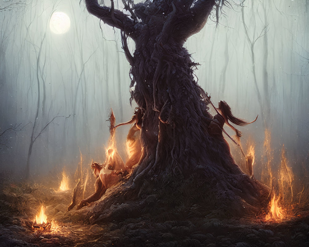 Ethereal fantasy scene: gnarled tree, mystical creatures, full moon in misty forest