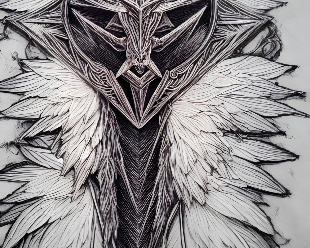 Detailed black and white abstract bird drawing with intricate symmetrical design