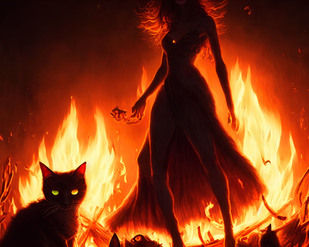 Woman surrounded by flames and glowing-eyed cats in mystical scene.