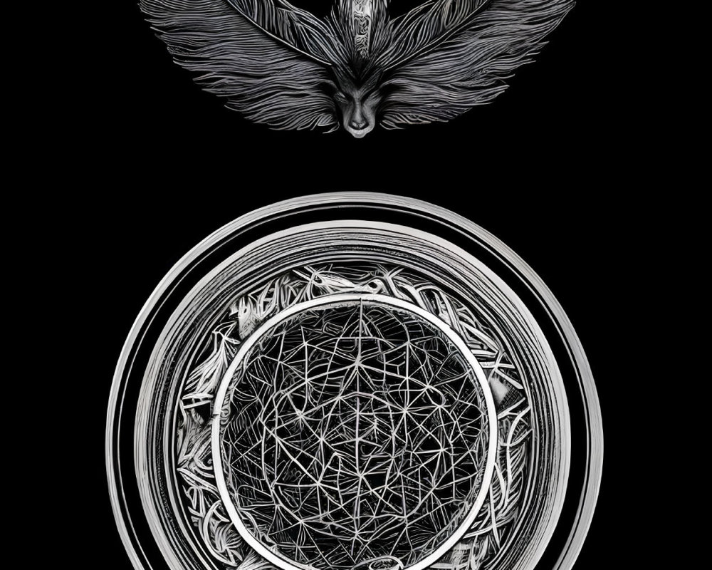 Detailed black-and-white mandala art with winged figure and esoteric symbols