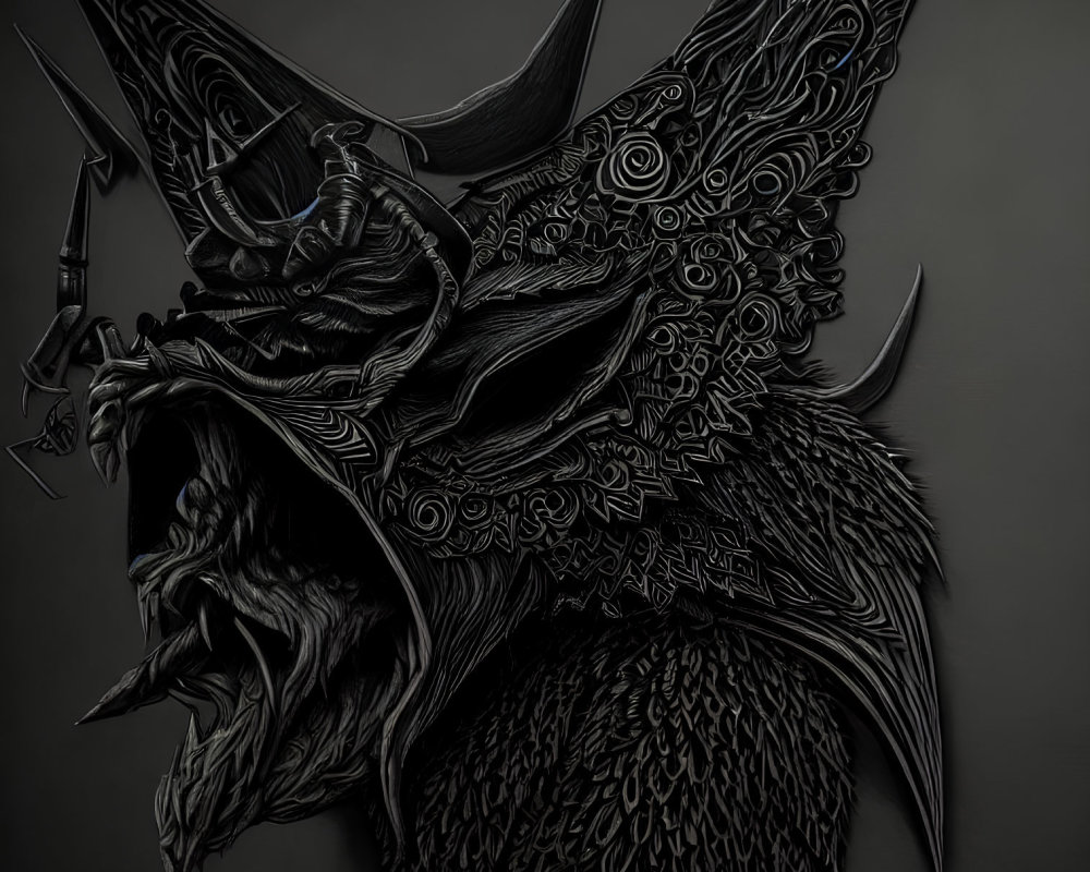 Detailed Black and White Illustration of Mythological Dragon Creature