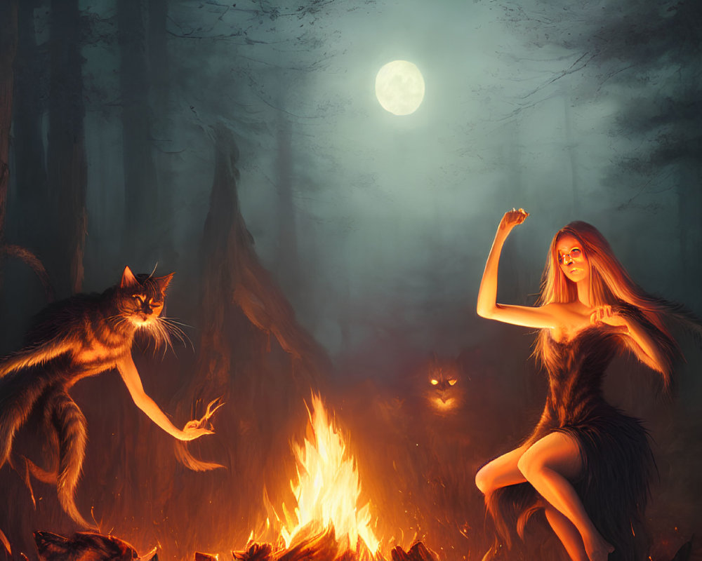 Woman by fire in forest with full moon, wolf, and glowing eyes