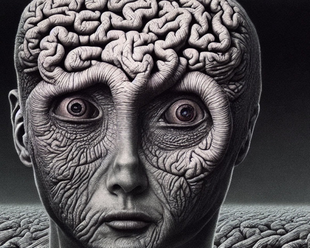 Detailed drawing of person with open head, revealing intricate brain and textured skin.