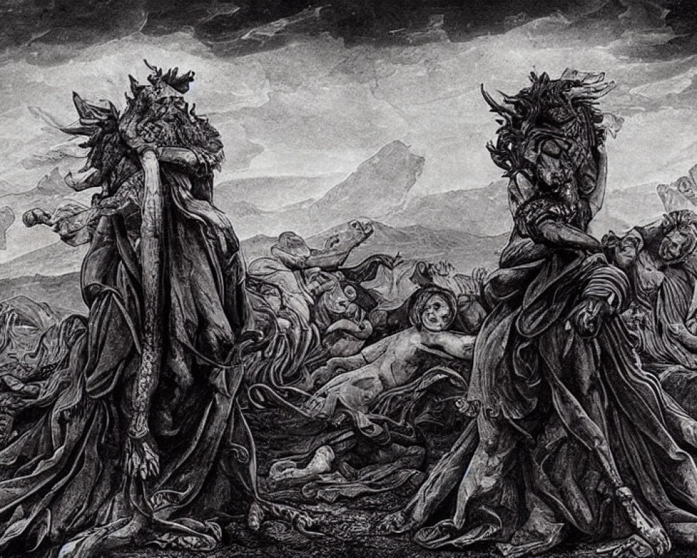 Monstrous figures and writhing humans in epic, dark landscape