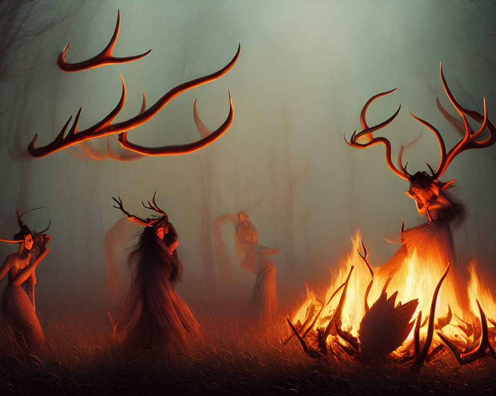 Mystical forest scene: humanoid deer creatures around fire in ethereal glow