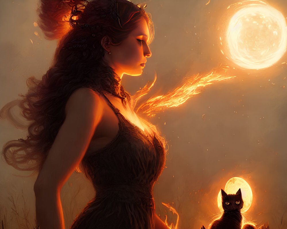 Woman with fiery hair and black cat under glowing moon in mystical scene