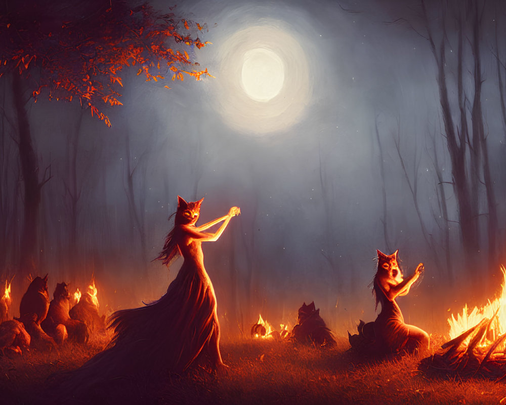 Animated fox characters with human-like features performing a ritualistic dance around fires in a mystical forest under a