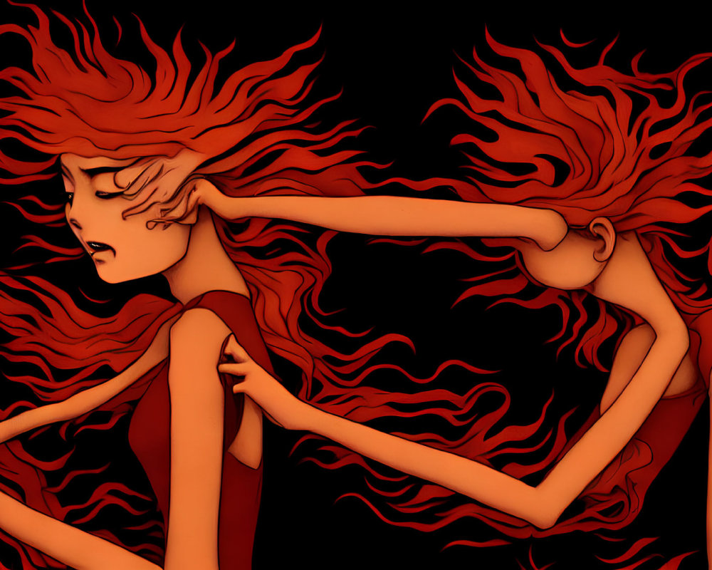 Vivid red hair illustration on dark background