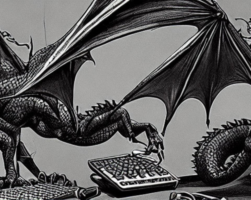 Monochrome illustration: Dragons disrupt person at desk.