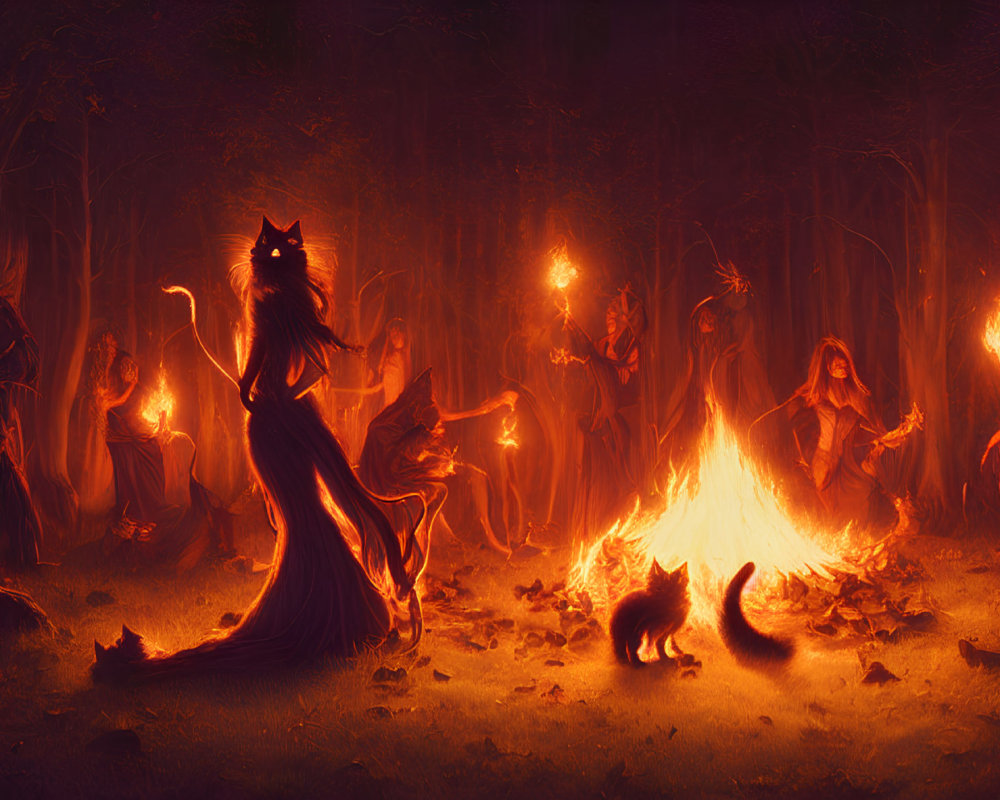 Mystical forest scene: anthropomorphic cats in ritual with torches
