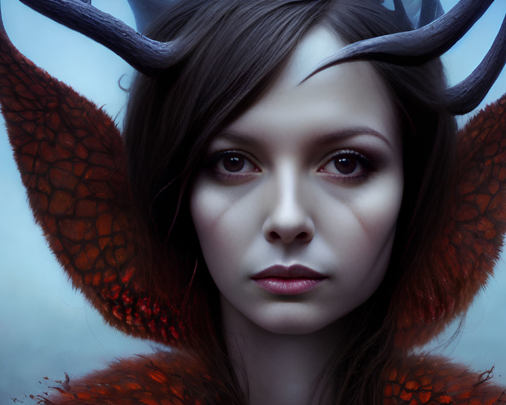 Fantasy portrait of woman with dark antlers and dragon-like wings on misty blue backdrop