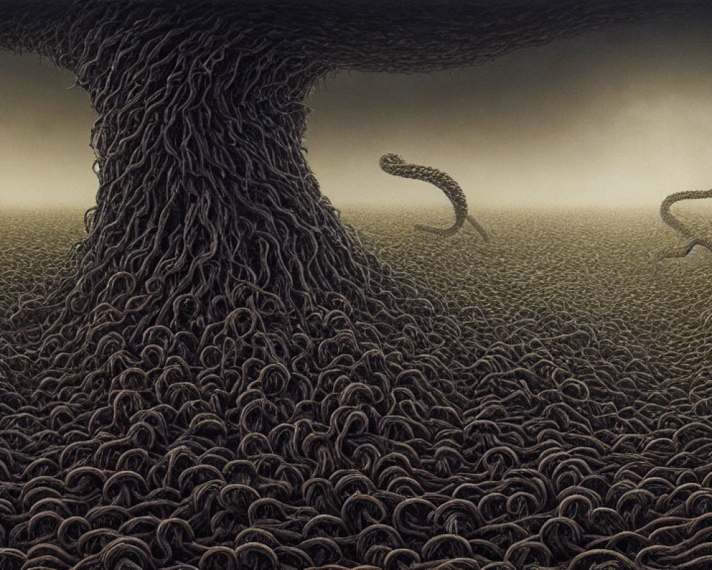 Surreal landscape with massive tree, serpentine forms, and misty sky