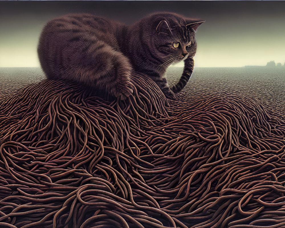 Tabby Cat on Twisted Dark Ropes Under Dusky Sky