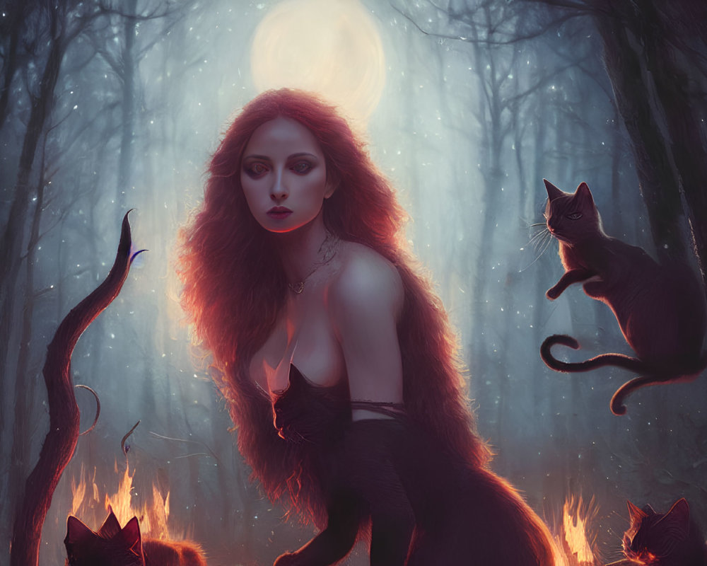 Red-haired woman with cats in moonlit, foggy forest captured in mystical setting