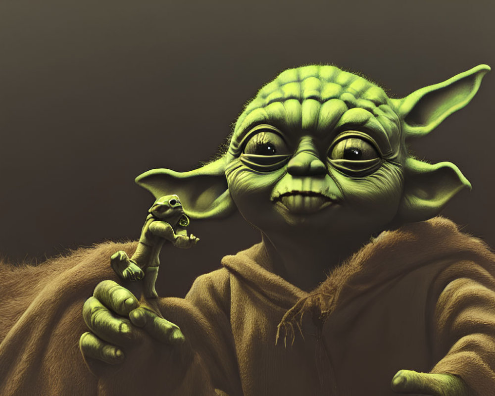 Stylized character resembling Yoda with tiny version, monochromatic background