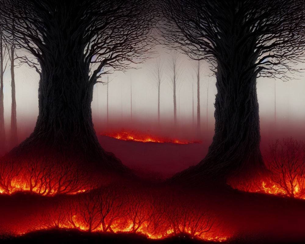 Mysterious forest with large trees, fog, cracked ground, and glowing lava