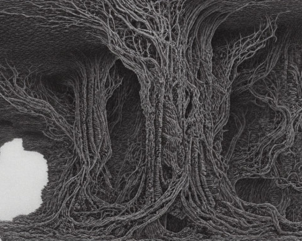 Monochromatic artwork of intricate tree-like structures with a solitary figure standing