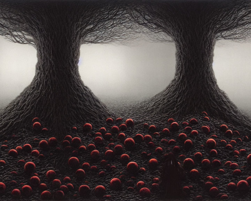 Dark trees frame red spheres in field under overcast sky