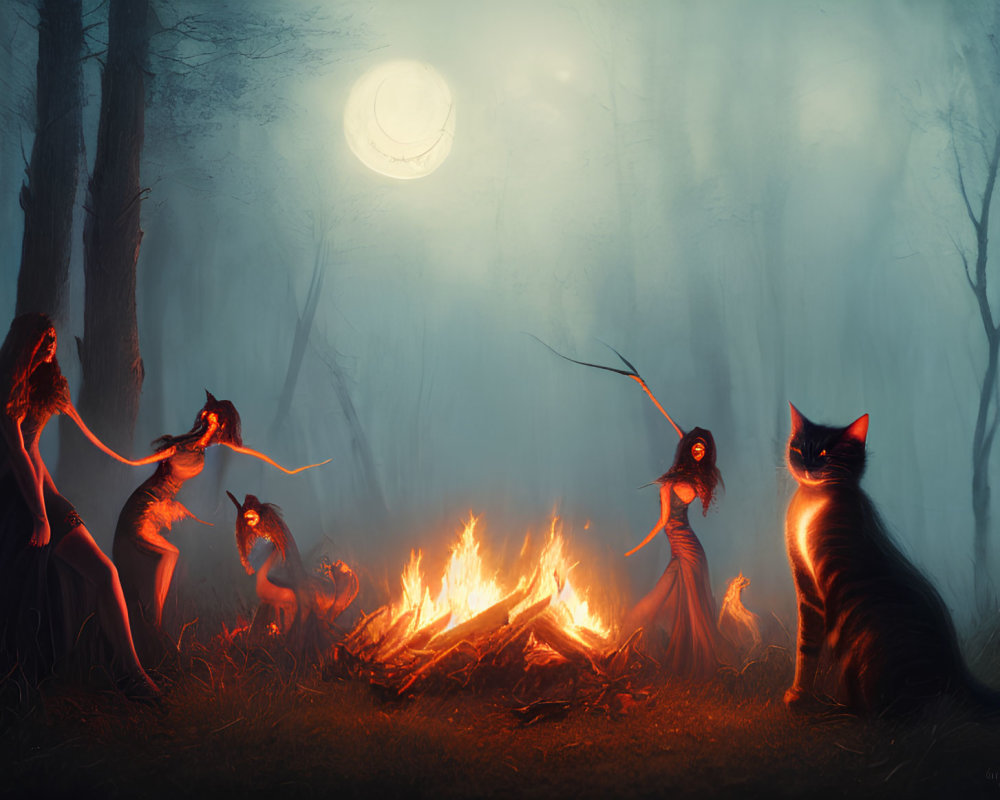 Women dancing near bonfire in mystical forest with giant cats under full moon