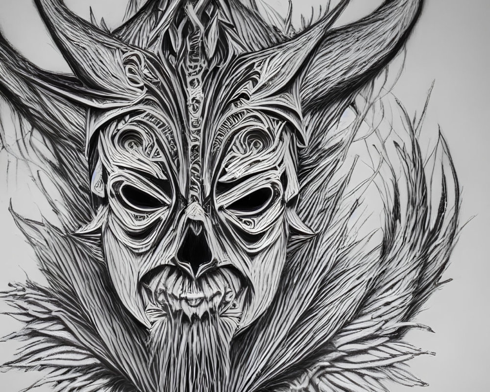 Monochrome illustration: Menacing figure with antlers, fur collar, pentagram.