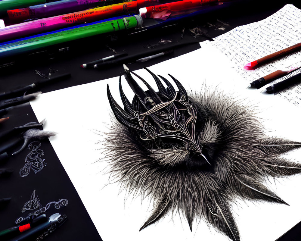 Detailed Black Ink Fantasy Helmet Drawing on Paper with Colored Markers and Pens