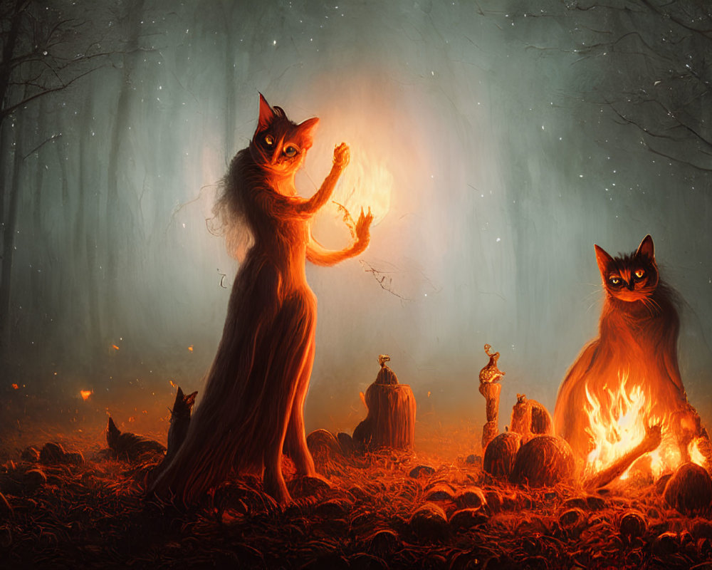 Anthropomorphic foxes in mystical forest with bonfire and smaller companions.