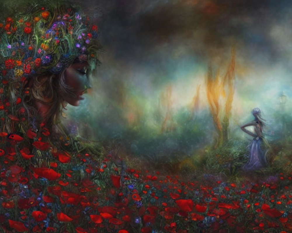 Vivid painting of person with flowers in misty poppy field