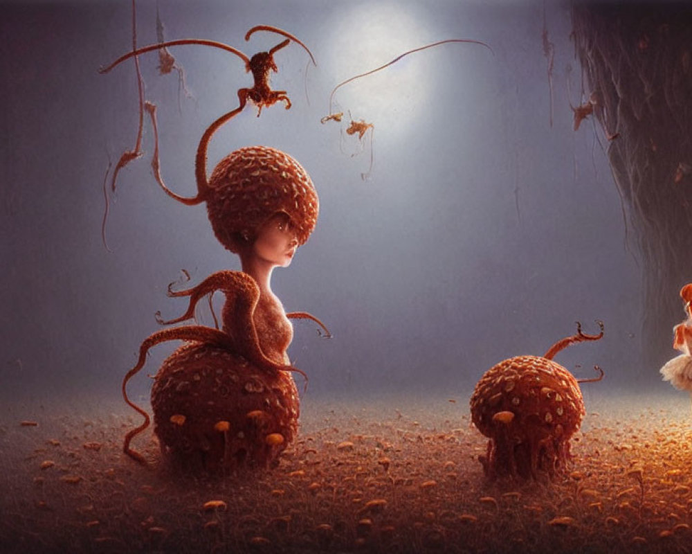 Surreal artwork: Human with mushroom cap head, small mushroom creatures, and ballet dancer under dream