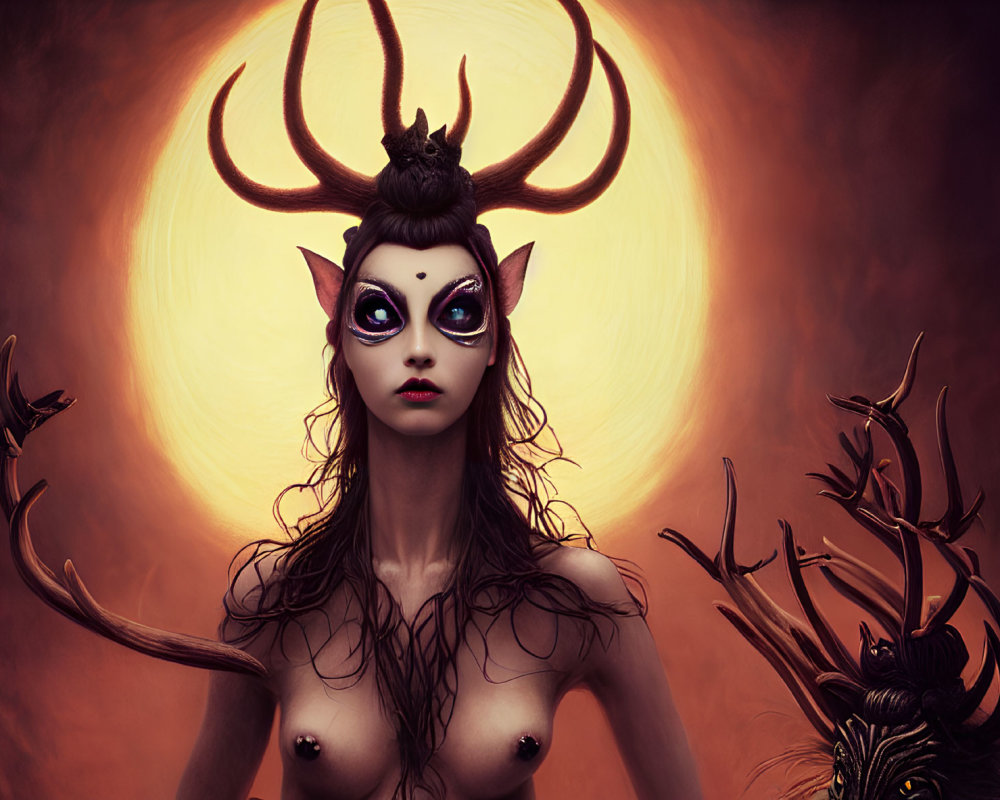 Fantasy illustration of woman with antlers, dark makeup, and glowing halo