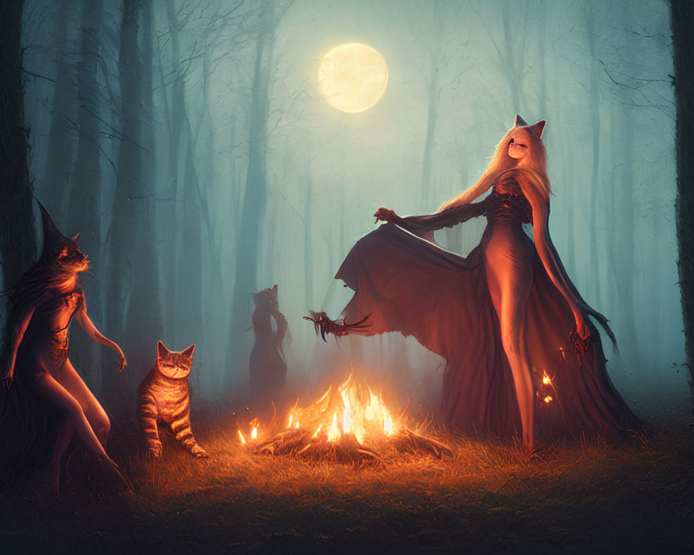 Moonlit forest with anthropomorphic foxes and woman in red dress by bonfire